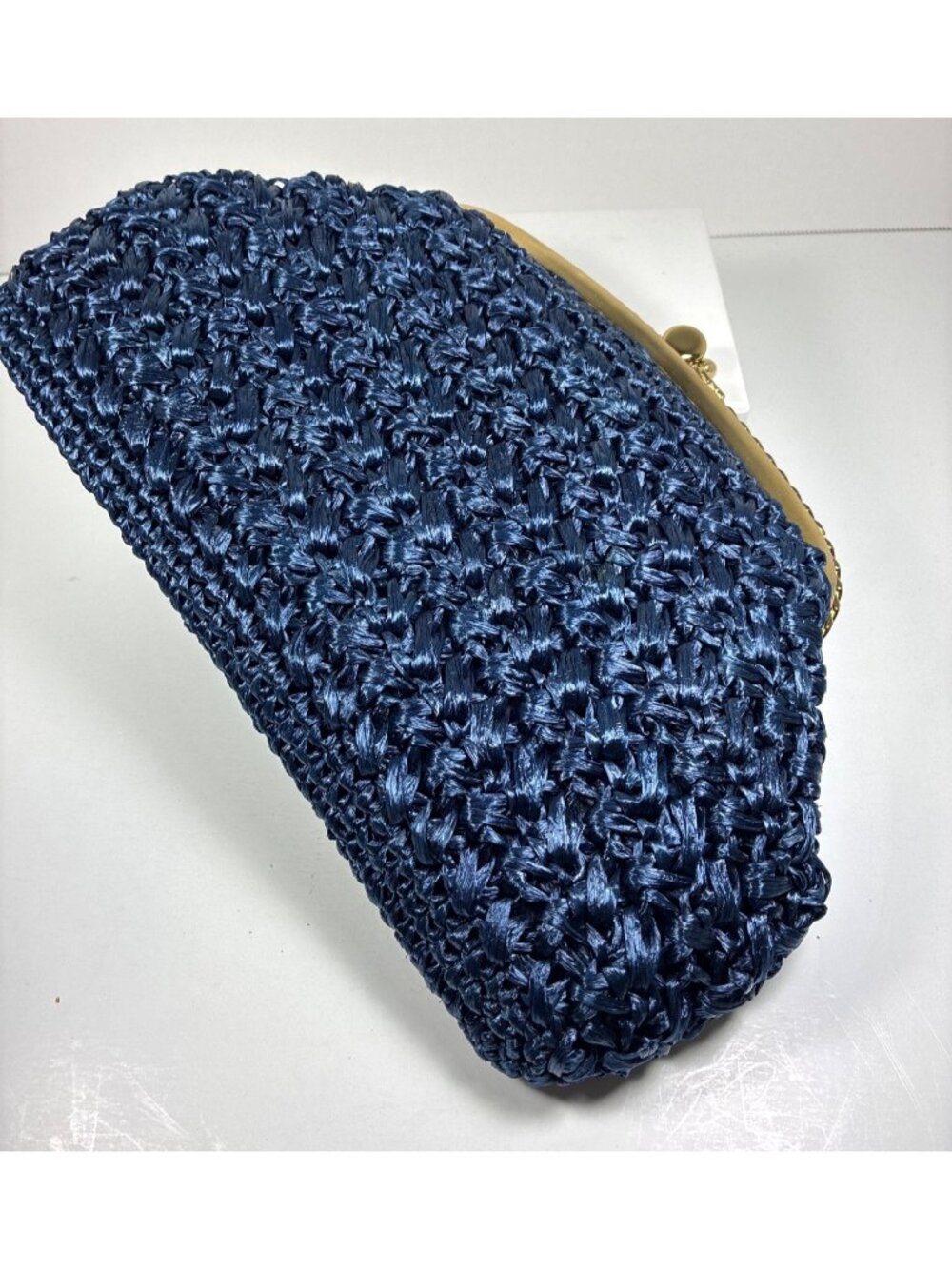 Vintage Navy Blue Woven Frame Clutch Purse Gold Tone Chain Handle